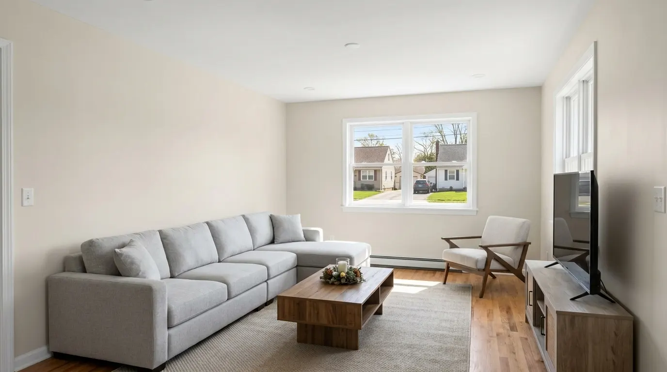 Same living room fully rebuilt and restored after fire damage