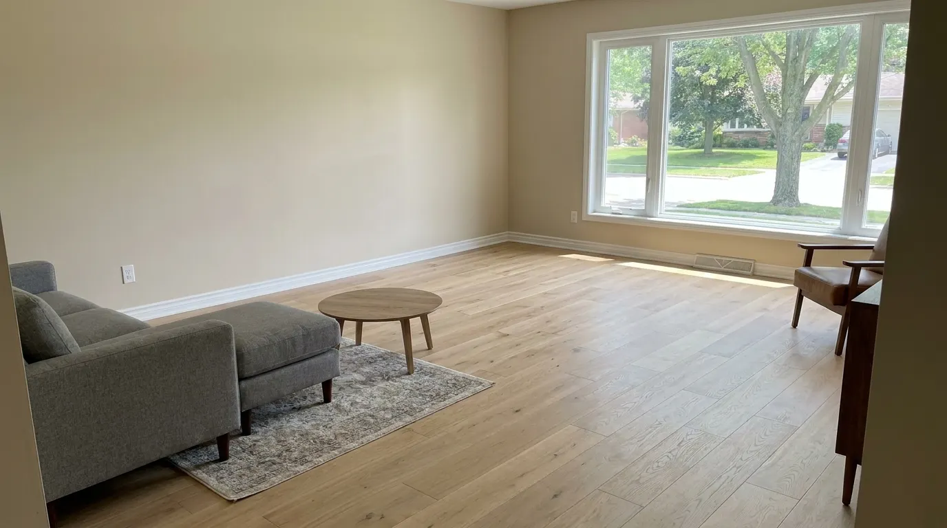 Same living room with new premium plank flooring and repaired walls after restoration